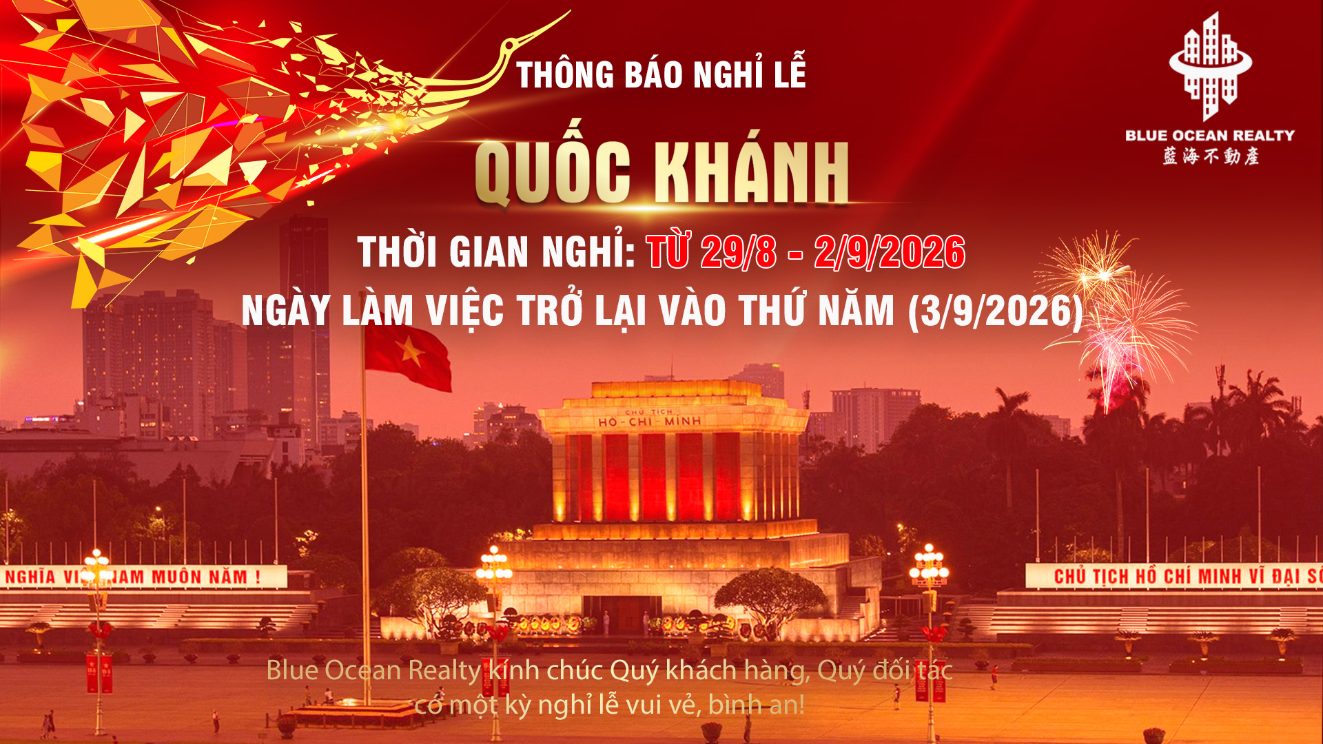 Thông báo lịch nghỉ lễ Quốc Khánh 2026 - Blue Ocean Realty